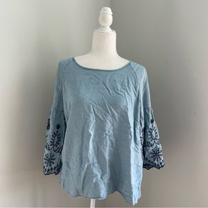 NWOT Embroidered Bell Sleeve Denim Top